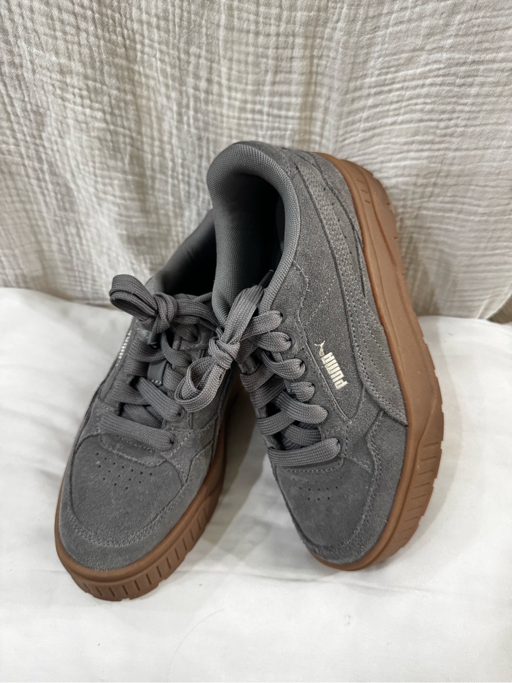 Puma Gray Suede Sneakers with Brown Gum Sole